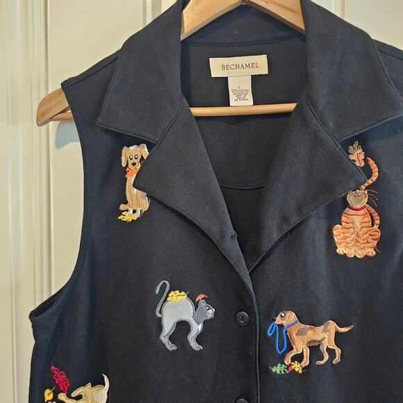 Vintage Bechamel Cat Dog Top Women Large Black Embroidered Sleeveless Pets Retro - Picture 3 of 10